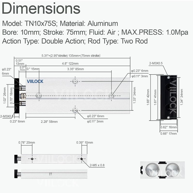 VIILOCK Pneumatic Air Cylinder 10mm Bore 75mm Stroke, Small Air Cylinder Double Rod Double Action TN10x75 - Image 5